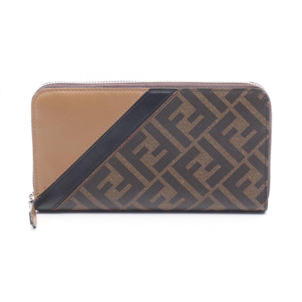 Fendi Diagonal Zucca Round Long Wallet, Leather, Men's/Women's, Brown/Black, ...